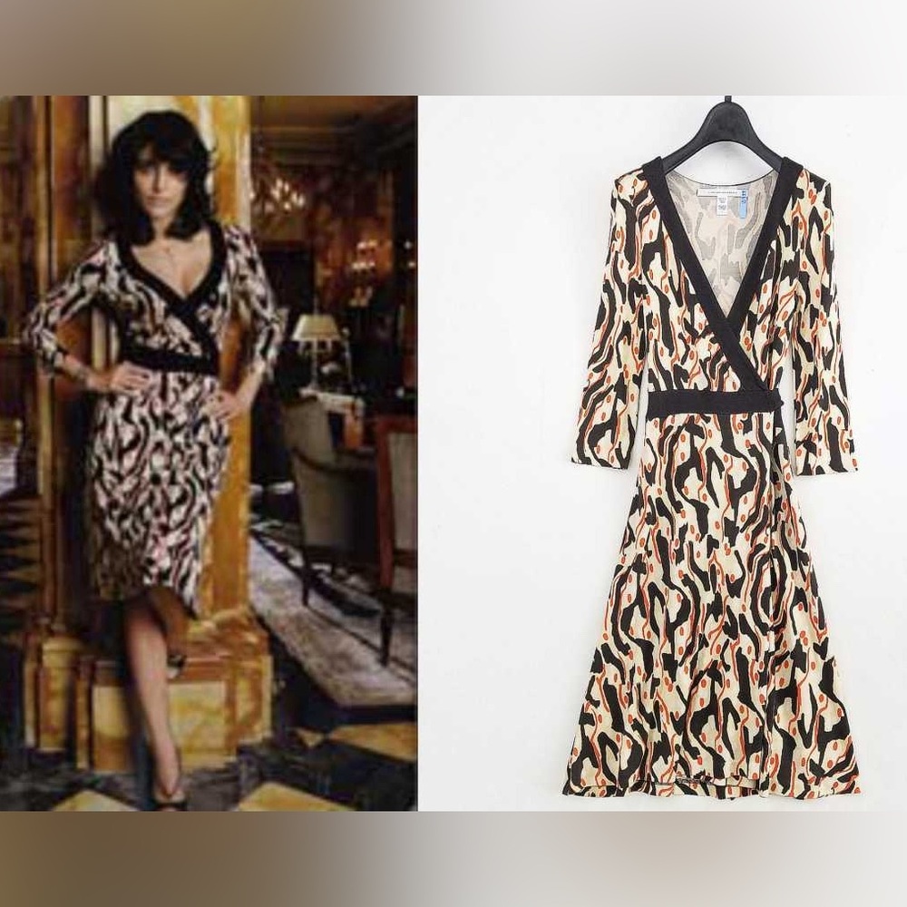 Diane Von Furstenberg Beige and Black Abstract Dress